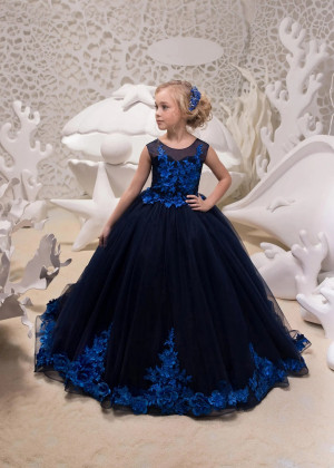 Navy Blue Beaded Lace Tulle Long Flower Girl Dress Pageant Dress